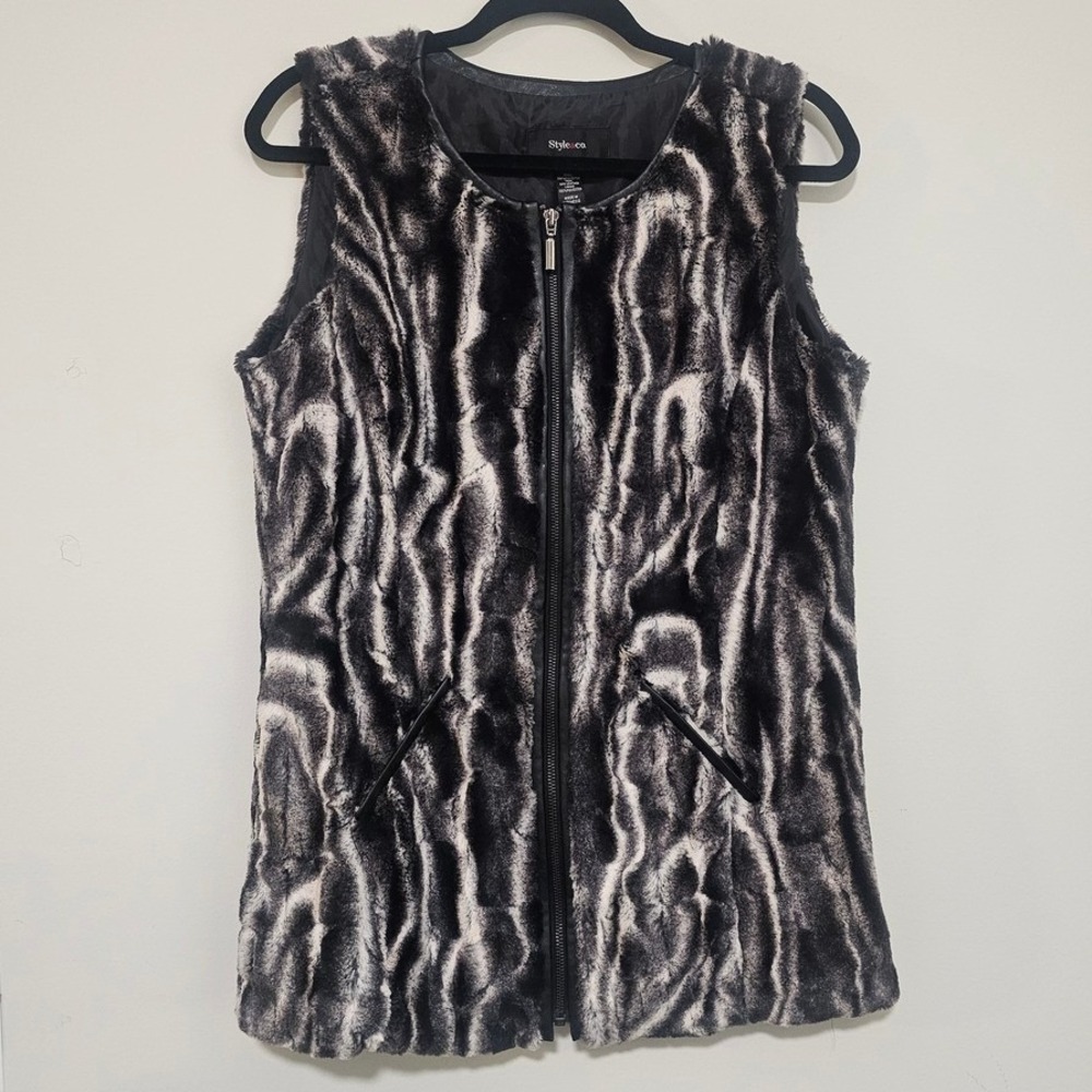 Style & Co Faux Fur Vest Women Small Grey Black Zip Front Marbled Glam‎ Chic ~